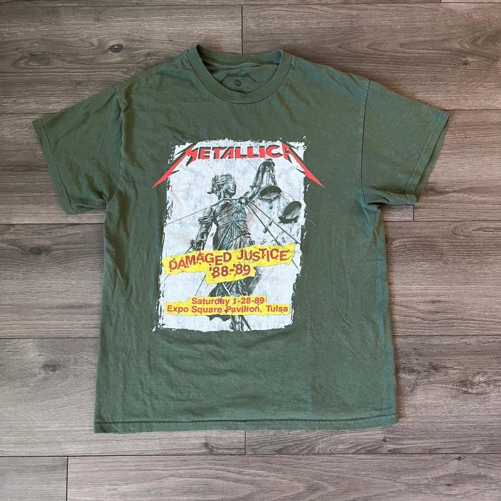Metallica Damaged Justice 88-89 Tulsa Tour Graphic T-Shirt Green Mens Medium